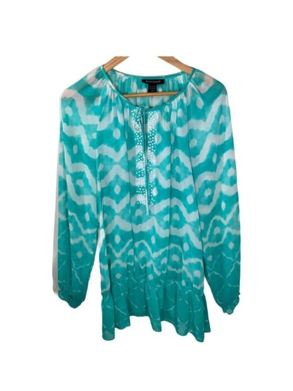Ashley Stewart Womens 14W Blue Boho Peasant Blouse Sheer Crochet Top Plus Size